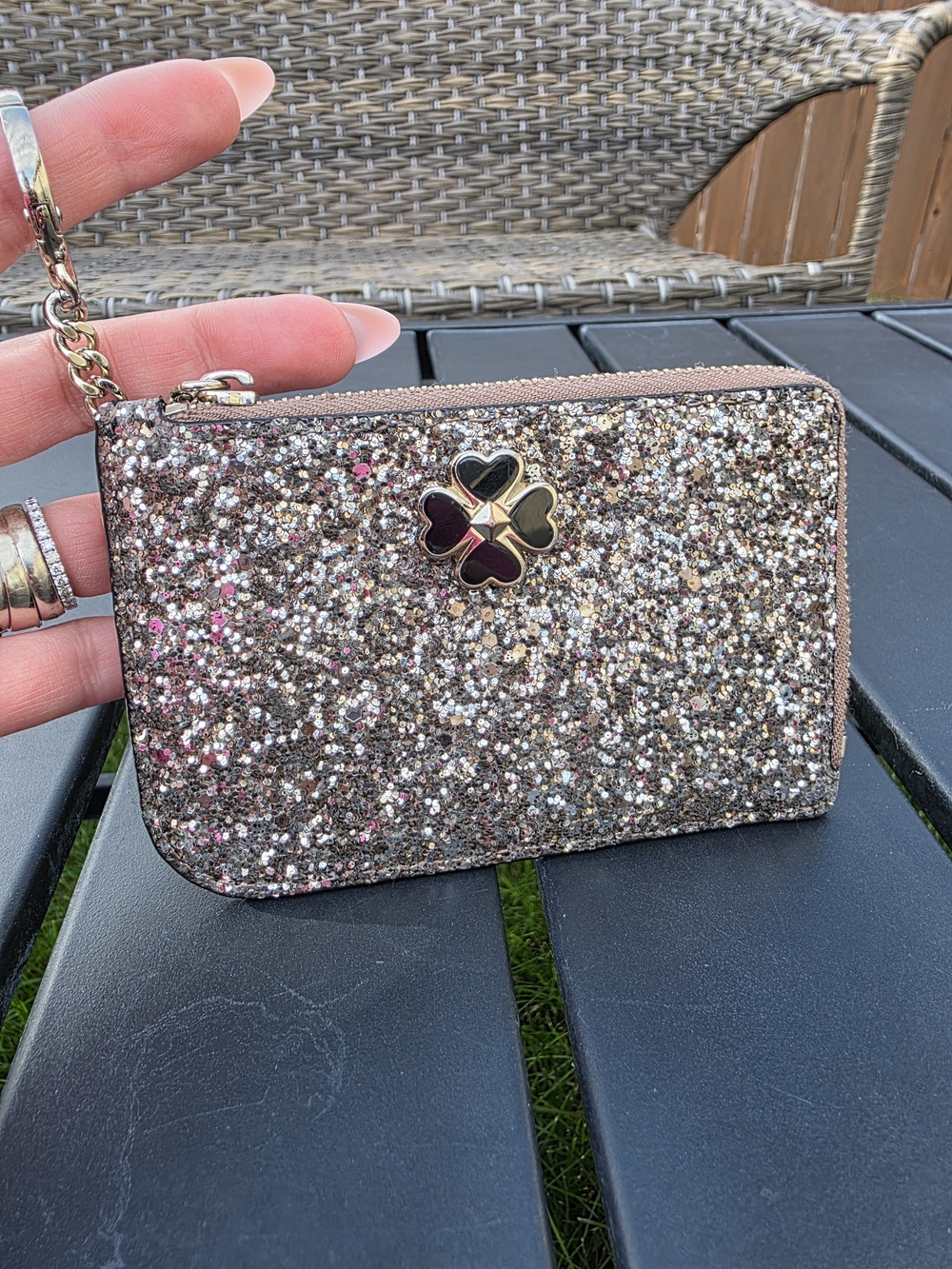 Kate Spade Glitter Card Case Wristlet Spade Flower Chain Rose Gold Multi GUC